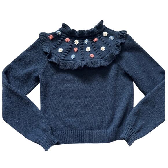 SAYLOR Preppy Embroidered Floral Pom-Pom Ruffled Sweater Size XS - Picture 2 of 8